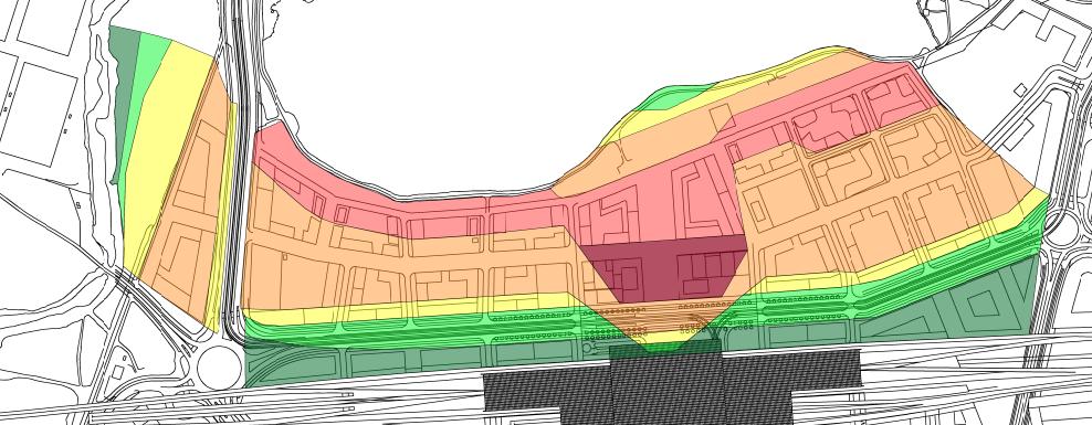 Figur 12. Redovisning av maximal rörelse, utdrag från ritning G-10-1-031, Färgkarta A resultat med hänsyn till områden inom nuvarande planområdesgräns Figur 13.