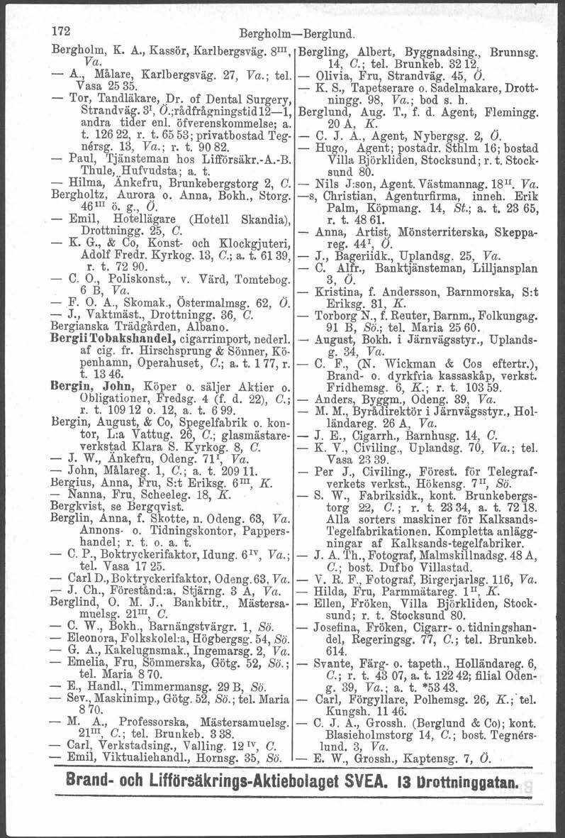 i 172 Bergholm-Berglund. Bergholm, K. A., Kassör, Karlbergsväg. 81E, Va. - A., Målare, Karlbergsväg. 27, Va.; tel. Vasa 25 35. - Tor, Tandläkare, Dr. of Dental Surgery, strandväg. 3', d.