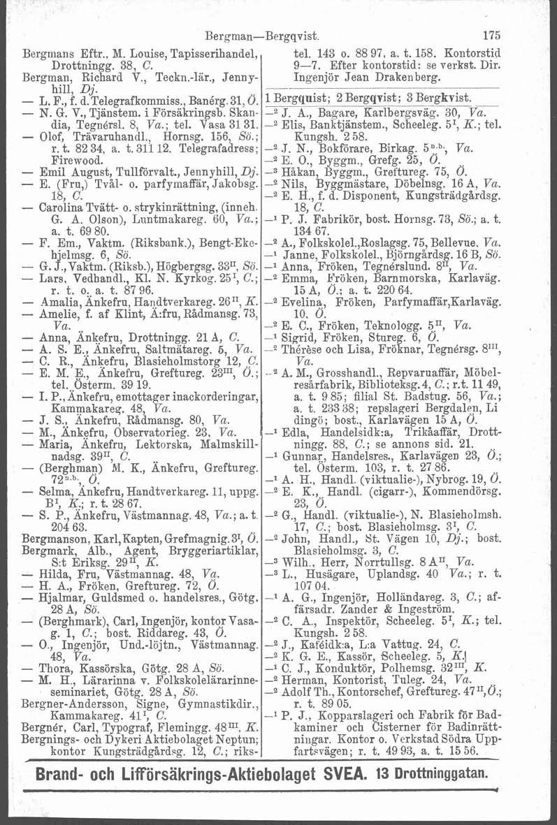 Bergman-Bergqvist. 175 Bergmans Eftr., M. Louise, Tapisserihandel, tel. 143 o. 88 97, a. t. 158. Kontorstid Drottningg. 38, C. 9-7. Efter kontorstid: se verkst. Dir. Bergman, Richard V., Teckn.-lär.