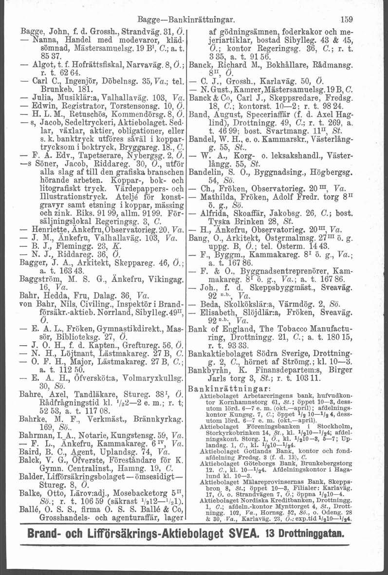 l Bagge-Bankinrattningar. 159 Bagge, John, f. d. Grossh., Strandväg. 31, Ö. af gödningsämnen, foderkakor och me- - Nanna, Handel med modevaror, kläd- jeriartiklar, bostad Sibylleg.
