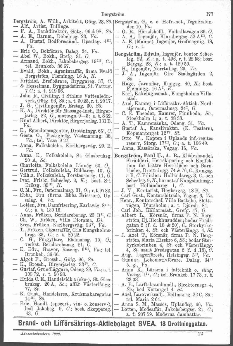 Bergström, A. Wilh., Arkitekt, Götg. 23,Sö. - Alf., Artist, Siillinge. - F. A., Bankdirektör, Götg. 96 & 98, Sö. - A. E., Barnm., Döbelns. 23, Vu. - A. Gustaf, ~odförestknf., Upsnlag. 4"I, Va.