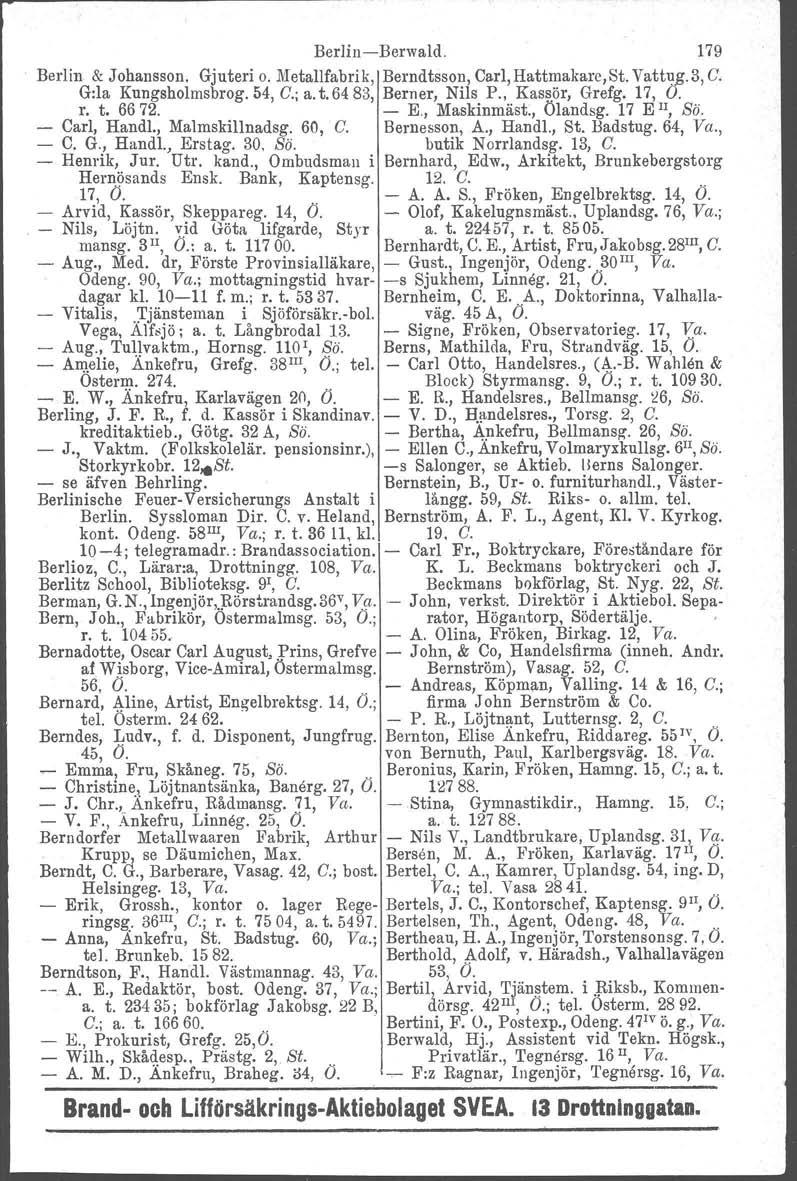 Berlin-Berwald. 179 Berlin & Johansson. Gjuteri o. Metallfabri k, Berndtsson, Carl, Hattmakare, St. Vattug. 3, C. G:la Kungsholmsbrog. 54, C.; a. t. 6483, Bern er, Nils P., Kas~.ör, Grefg. 17, O. r.