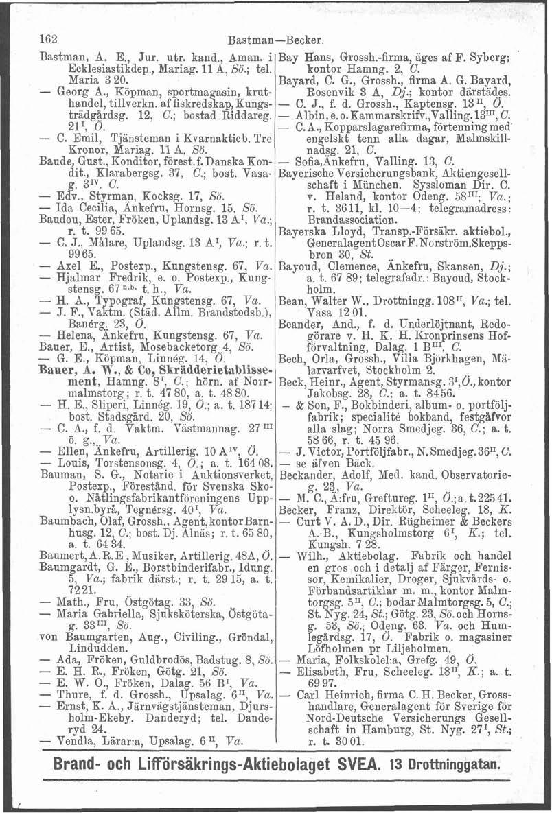 Y 162 Bastman-Becker. Bastman, A. E., Jur. utr. kand., Aman. i Ecklesiastikdep., Mariag. 11 A, Sö.; tel. Maria 3 20. - Georg A., Köpman, sportmagasin, kmthandel, tillverkn.