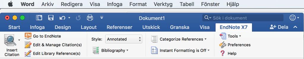 Undvik att använda formatmallar, t.ex. automatisk innehållsförteckning medan du arbetar med EndNote. Det går bra att använda formatmallarna i ett senare skede efter att EndNote blivit bortkopplat.