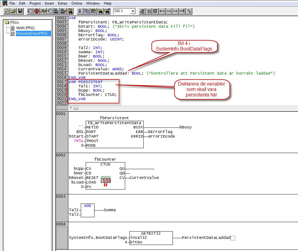 4.3 Exempelkod i TwinCAT PLC Control för CX1020 Deklarera de variabler som skall vara