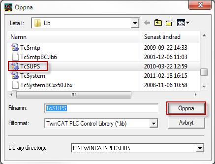 Öppna biblioteket som heter TcSUPS. Biblioteket är nu adderat och funktionsblocket går att använda i projektet.