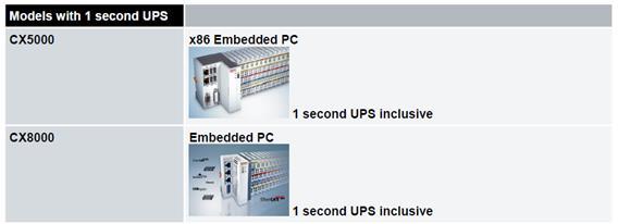 Det finns olika UPS som kan användas till Beckhoff systemen: Standard UPS (C9900-U330 + (C9900-U209 eller C9900-P209)) - 24V UPS med batteripaket till Beckhoff Industri PC och Control Paneler