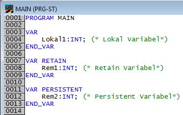Exempel på hur variabeldeklaration kan se ut: När TwinCAT stängs ner kontrollerat kommer retain och persistent data att skrivas i sina respektive filer på hårddisken, TCPLC_R_x.wbp 
