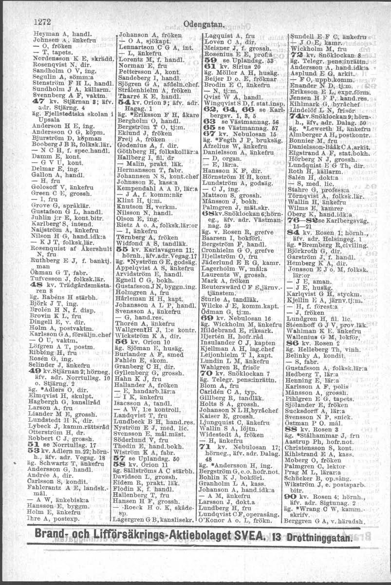 1272 Odeqgatan.. ( Heyman A~handl, Johanson A, fröken Lagquist A, fru Johnsen A., änkefru - O A, sjökapt.. Loven C.~, db. " - O, fröken Lennartson C G AJ int. J\Ieisner;f, f. grossh, 'f'j - T, tapets.