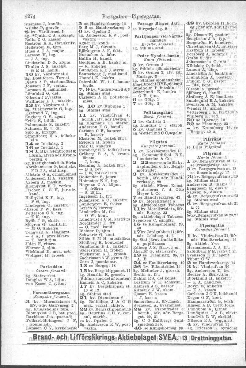 :).274 Parkgatan - Pipersgatan. :Steiness J, kandit. 5 Be Handtverkareg"15 Passage Birger,Jarl 48 kv. Sk.öfden 17;f.;ij~!.J; Wilcke P, gravör 5 B Be Handtverkareg. S se Birgerjartsg. V eg.; har an.