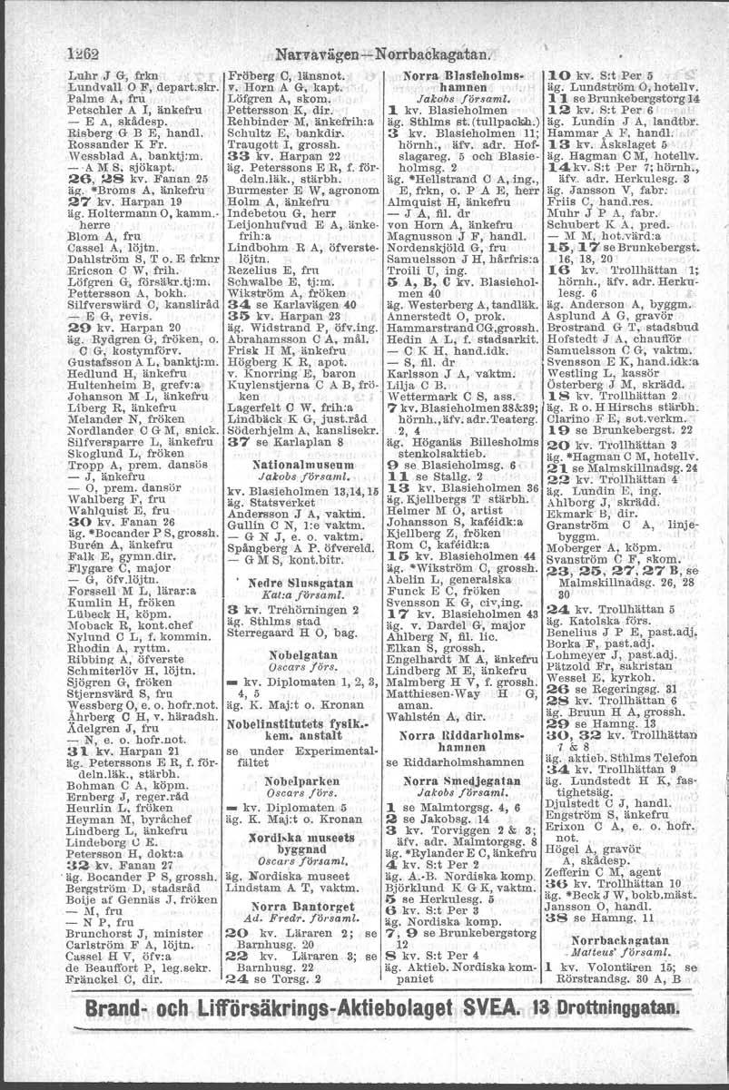 H! 62 Luhr J G, frlm Lundvall OF, depart.skr. Palme A, fru Petschler A I, änkefru - E A, skådesp. Risberg G B E, hand!. Rossander K Fr. Wessblad A. banktjim. -A M S. sjökapt. 26. 28 kv. Fanan 25 äg.
