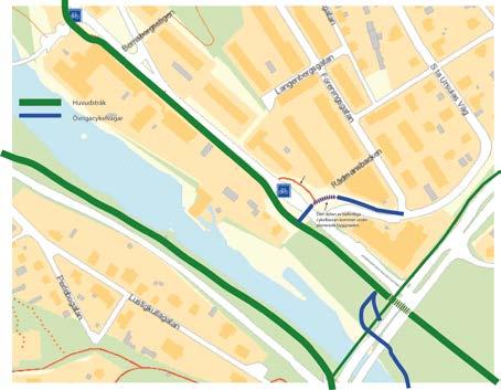 på cykelvägen mellan tunneln och fastigheten. Det kan bli isbildning och halt där i den ytan. Det befintliga cykelvägnät och den kommande förändringar. Den röda cykelbanan ska tas bort.