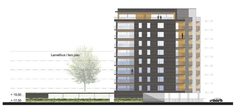 Fasadvy från Skultunavägen Byggnadens entré nås från en omhändertagen och omsorgsfullt gestaltning innergård med planteringar, cykelplatser samt ett väl integrerat miljöhus.