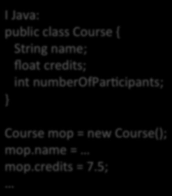 *pmop; pmop = (struct Course*)malloc(sizeof(struct Course)); I Java: public class Course String name; float credits; int numberofparbcipants;