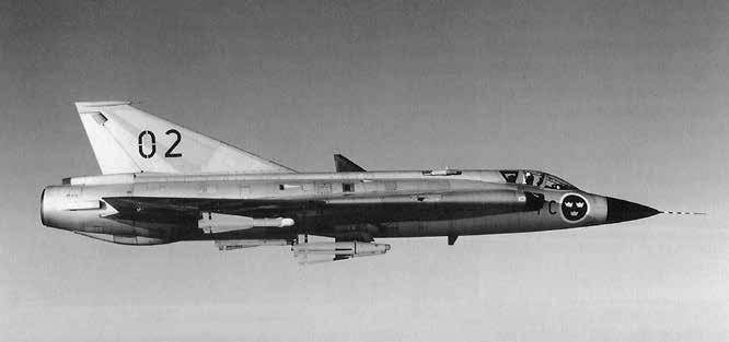 J 35F Draken med de nya jaktrobotarna 27 (de främre) och 28 (de bakre) under utprovning vid FC under tidigt 1960-tal.