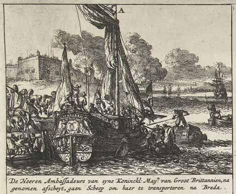 Engraving of the English diplomats travelling by boat from London to Breda in May 1667. In the same month the Swedish delegation travelled from London to Breda. (Rijksmuseum, RP-P-OB-79.261).