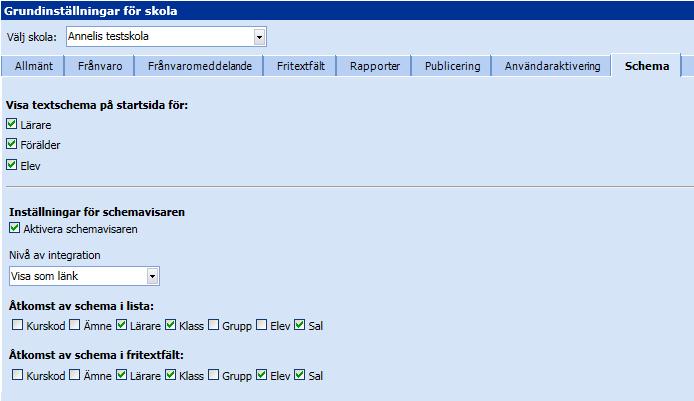 Inställningar för enskilda scheman Under Administration Elever finns två kolumner, Dölj individuellt elevschema resp. Elev-Id för schemavisare.
