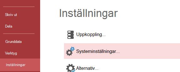 (De olika modulerna har olika färger) När man klickar på menyalternativet Systeminställningar får man upp nedanstående fönster där man