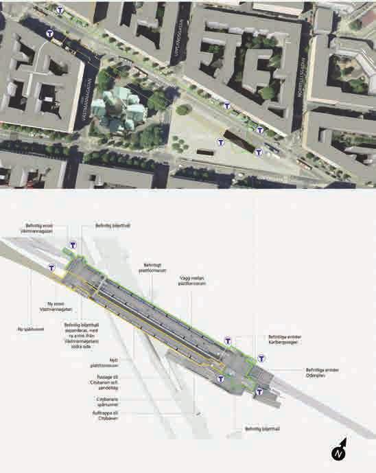 inte kan förskjutas längre västerut med hänsyn till de betongförstärkta bergvalven i befintlig tunnelbana.