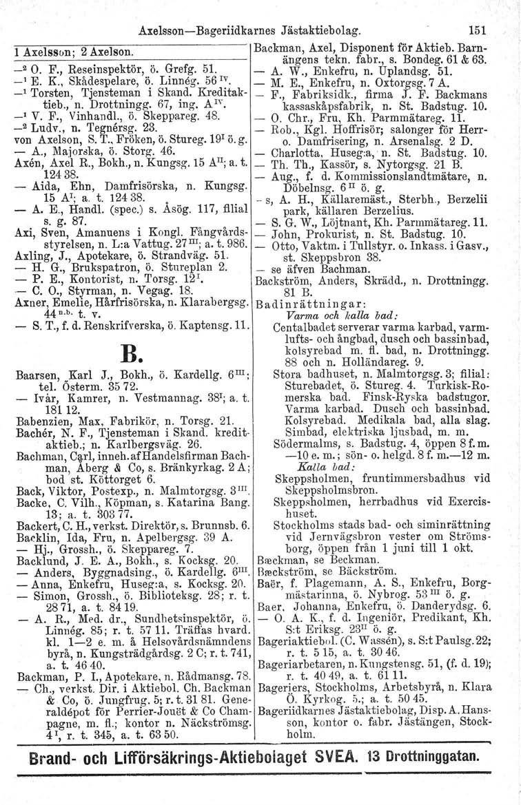 Axelsson- Bageriidkarnes Jästaktiebolag. 151 B. Baarsen,.Karl J., Bokh., Ö. Kardellg. 6III; tel. Osterm, 35 72. - Ivar, Kamrer, n. Vestmannag. 38 1 ; a. t. 18112. Babenzien, Max" Fabrikör, n. Torsg.
