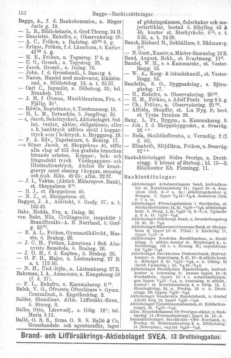 152 Bagge- Bankinrättningar. Bagge, A., f. d. Bankokommiss., n. Birger Jarls g. 19. - L. B., Bibliotekarie, ö. Gref-Thur-eg. 24 R - Henriette, Enkefru, n. Observatorieg.20. - A. C., Fröken, s.