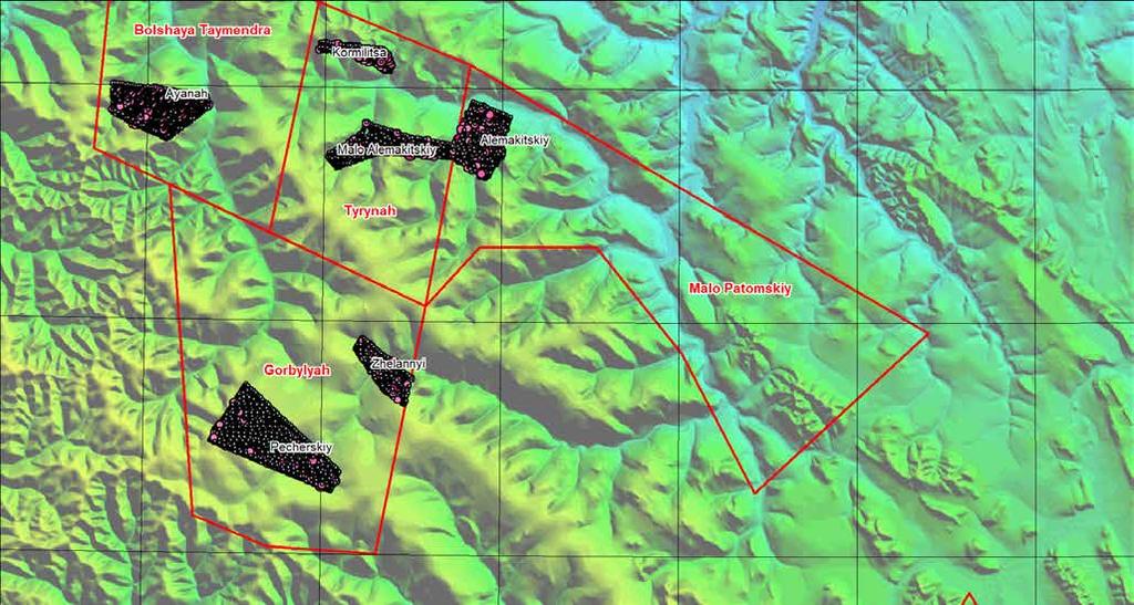 PROJEKT NORRA TERRITORIET 25 PROJEKT NORRA TERRITORIET De röda markeringarna visar licensgränserna för Norra Territoriet. Svarta markeringar visar platserna för 2017 års geokemiska undersökning.