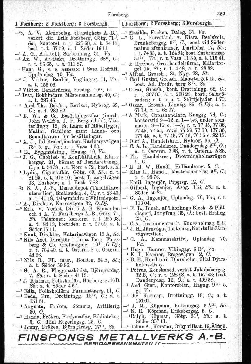 , \ Forsberg. 359, 1 Forsberg; 2 Forssberg; 3 Forsbergh. 1 Forsberg; 2 Forssberg; 3 Forsbergh. _2S, A. V., Aktiebolag, '(Fastighets A.-B.), _I Matilda, Fröken, Dalag. 35, Va. vsrkst. dir.