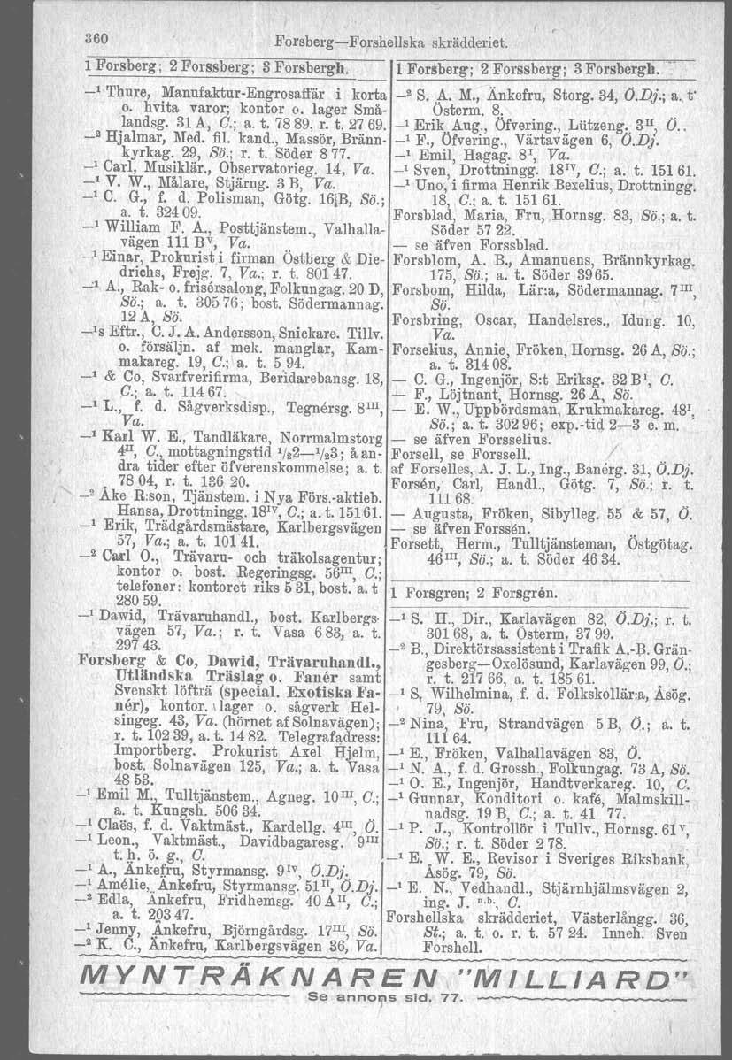 360 Forsberg-Forshellska skrädderiet. l Forsberg; 2 Forssberg; 3 Forsbergh. 1 Forl!lberg; 2 Forssberg; 3 Forsbergll. _1 Thure, Manufaktur-Engrosaffär i korta _2 S. A. M., Änkefru, Storg. 34, O.Dj.; a.