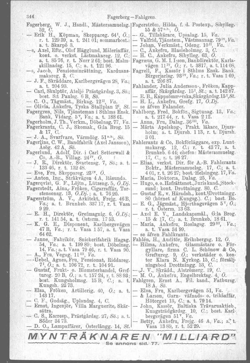3H fagerberg-fahlgren. Fagerberg, W. J., Hand!., Mästersamuelsg. Fagerström. Hilda~ f. d. Postexp., Sibylleg. 52, C. 55 & 57 n. b., u. - Erik H., Köpman, Skeppareg, 64 1, O.; -- ig.