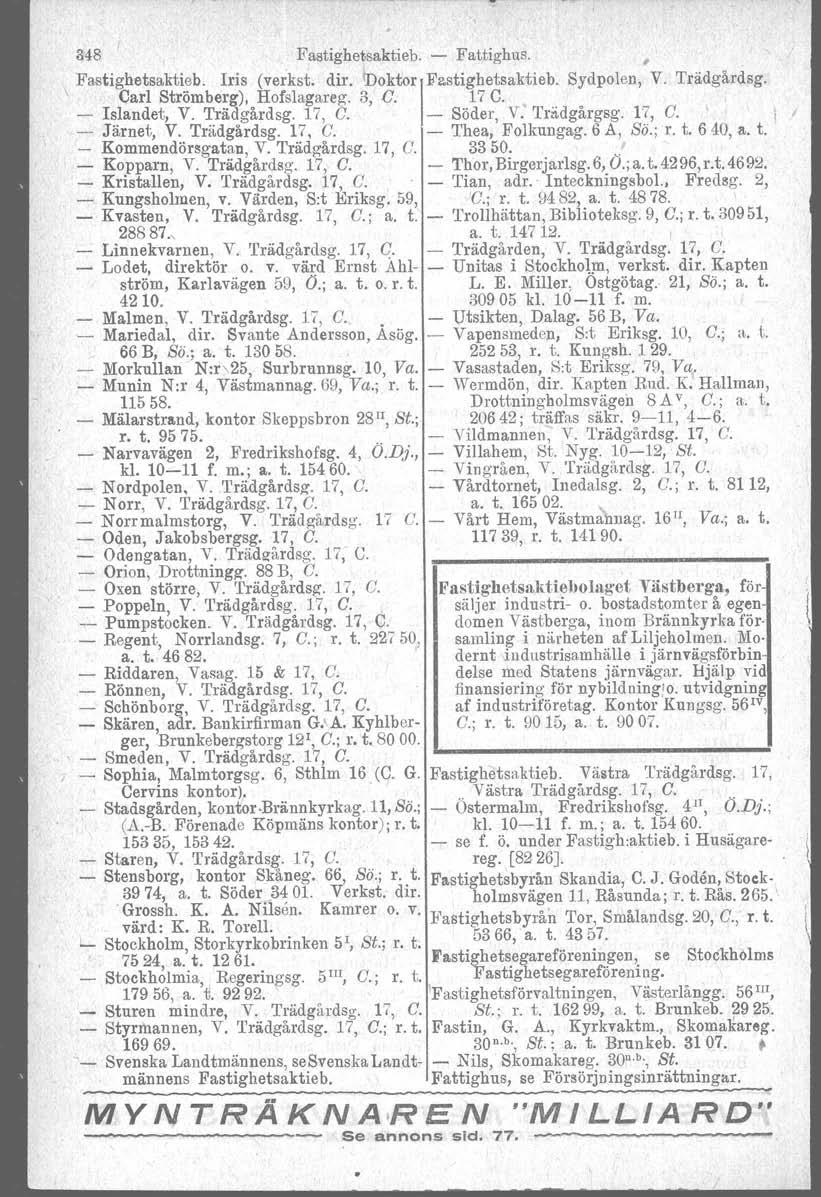 348 Fastighetsaktieb. - Fattighus., Fastighetsaktieb. Iris (verkst, dir. Doktor F2.stighetsaktieb. Sydpolen, V. Trädgårdsg. Carl Strömberg), Hofslagareg. 3, C. 17 C. - Islandet, V. Trädgårdsg. 17, C.