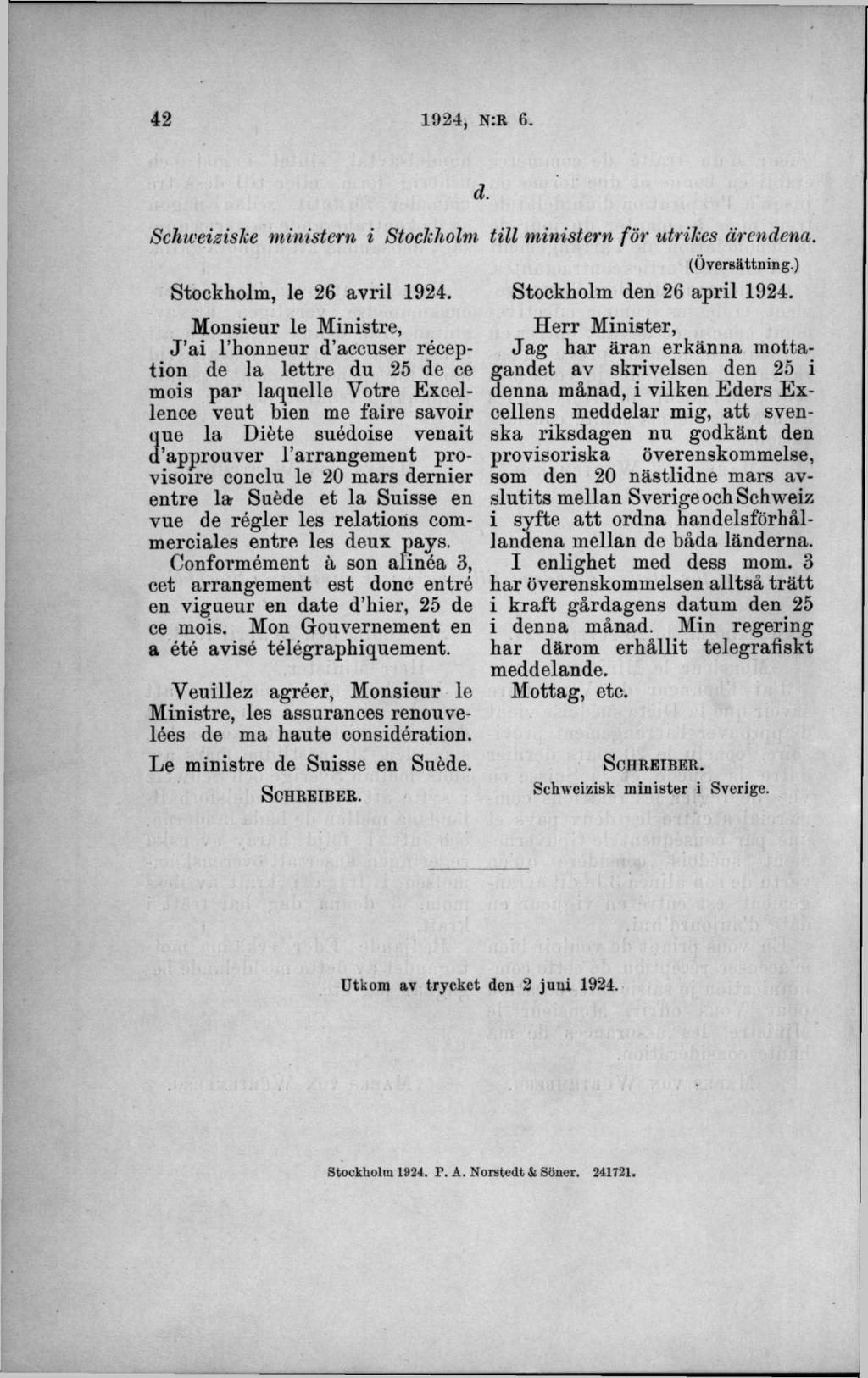 d. Schweiziske ministern i Stockholm till ministern för utrikes ärendena. Stockholm, le 26 avril 1924.