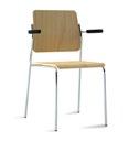 Chair or armchair in 2 standard configurations for seat and back: Upholstered seat or plain wood. Wooden details in birch, oak or stain. Upholstery in standard fabric or c.o.m. with padding in cold foam.