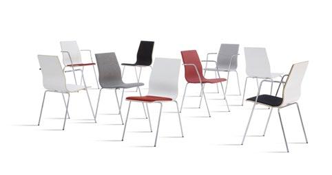 Stapelbar och kopplingsbar. Chair and armchair in 3 different configurations for the seat/back; fully upholstered, upholstered seat or plain with no upholstery.