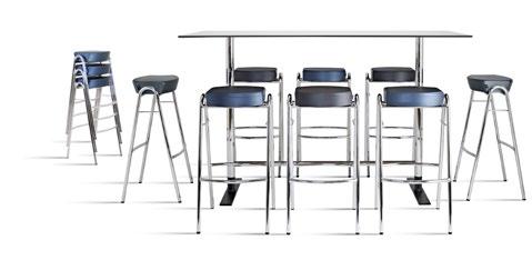 Seat in compression moulded wood and moulded cold foam upholstered in standard or c.o.m. Stackable. Barpall Barstool Art.no.