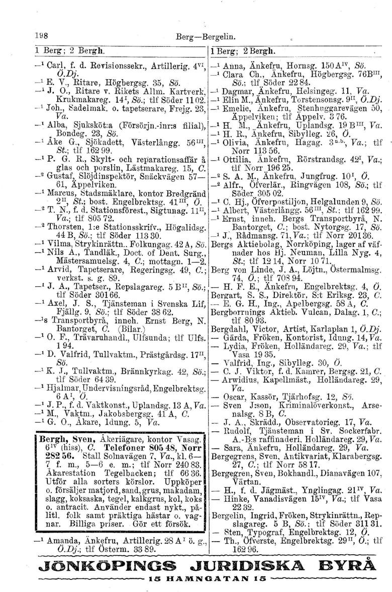 lus Berg-Bergelin. l Berg; 2 Bergll. 11Berg; 2 Bergh. l Carl, f. d. Revisionssekr., Artillerig. 4v" l_' Anna, Änkef[u, Hornsg. 150Alv, Si). O.Dj. _1 Clara Ch., Ankefru, Högbergsg. 7t3BII!, _, E. V.