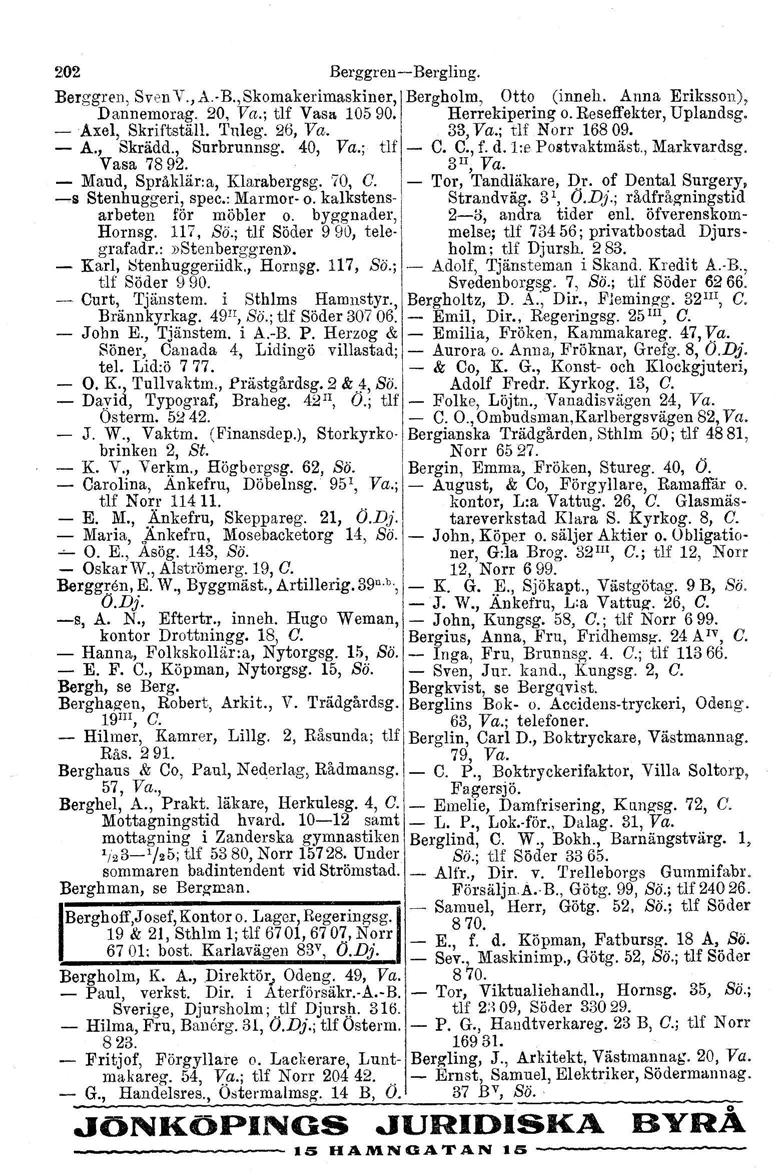 202 Berggren-s-Bergling. Berg.gren, Sven V., A. B., Skomakerimaskiner, IBergholm, Otto (inneh. Anna Eriksson), Dannemorag. 20, Va.; tlf Vasa 10590. Herrekipering o. Reseffekter, Uplandsg.