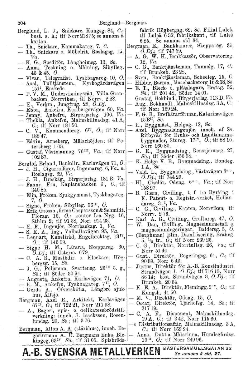 204 Berglund-Bergman. Berglund, L. J., Snickare, Kungsg.84, G.; fabrik Högbergsg. 62, Sö. Filial Luleå, bost, s. h., tlf Norr 21(;75; se annons ä tlf Luleå 632, fabrikskont., tlf Luleå kartan. 625.