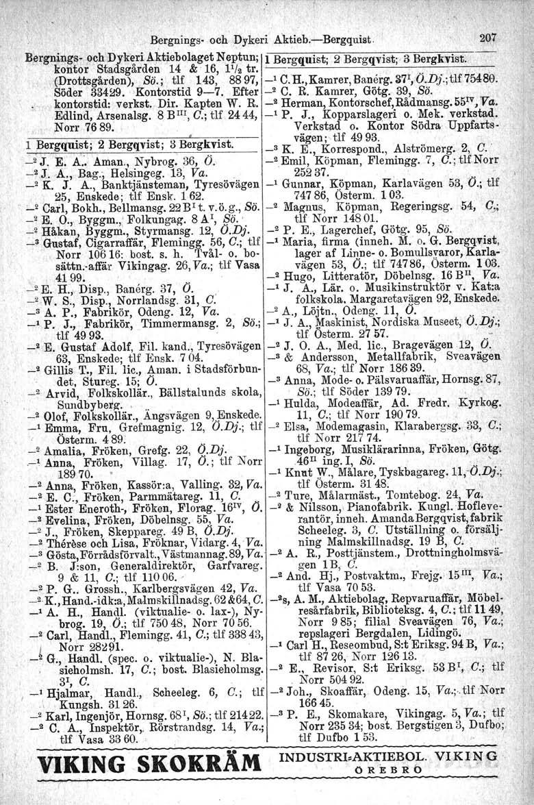 Bergnings-voch Dykeri Aktieb.-Bergquist. I 207 Bergnings. och'dyk~ri Aktiebolaget Ne;tun; IlBergquist; 2 Bergqvist; 3.Bergkvist.. kontor Stadsgarden 14 & 16, Il/s tro... ' (Drottsgården), Sö.