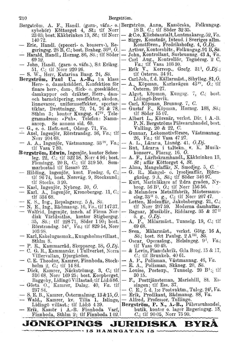 '210 Bergström. Bergström, A. F., Handl. (garn-, väfn.- o. Bergström, Anna, Kassörska, Folkungag. sybehör) Köttorget 4, St.; tlf Norr 18 B, C.; tlf Söder 3235. 2303; bost. Kåkbrinken 13, Si.