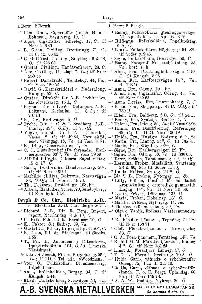 196 Berg. 1 Berg; 2 Bergh. 11_B_e_r_g_; _2_B_el_ g_h_. -' Lisa, firma, Cigarraffär (inneh. Helmerl-' ElIIlUY,.Folkskollär:a, Steuhuggarevågcn Bohman), Bryggareg. 10, C. 50, Appelviken, tlf Appelv.