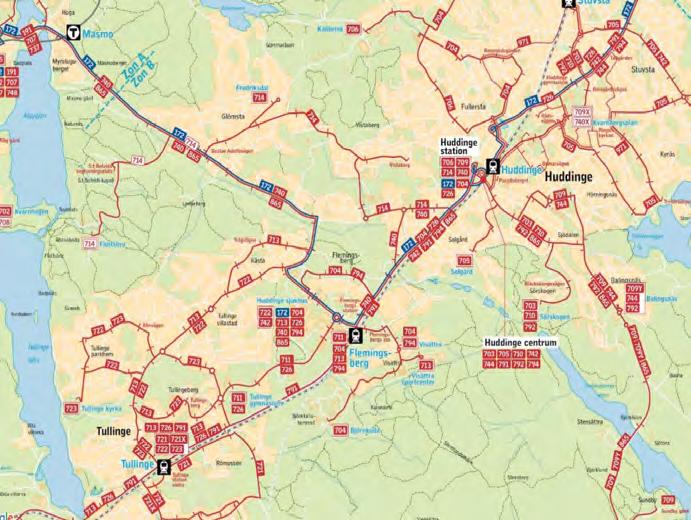 Linjen går mellan Skärholmen och Handen via Huddinge sjukhus, Balingsnäs, och Lissma. Den trafikerar med 30 minuters trafik dagtid och glesare under övrig tid.
