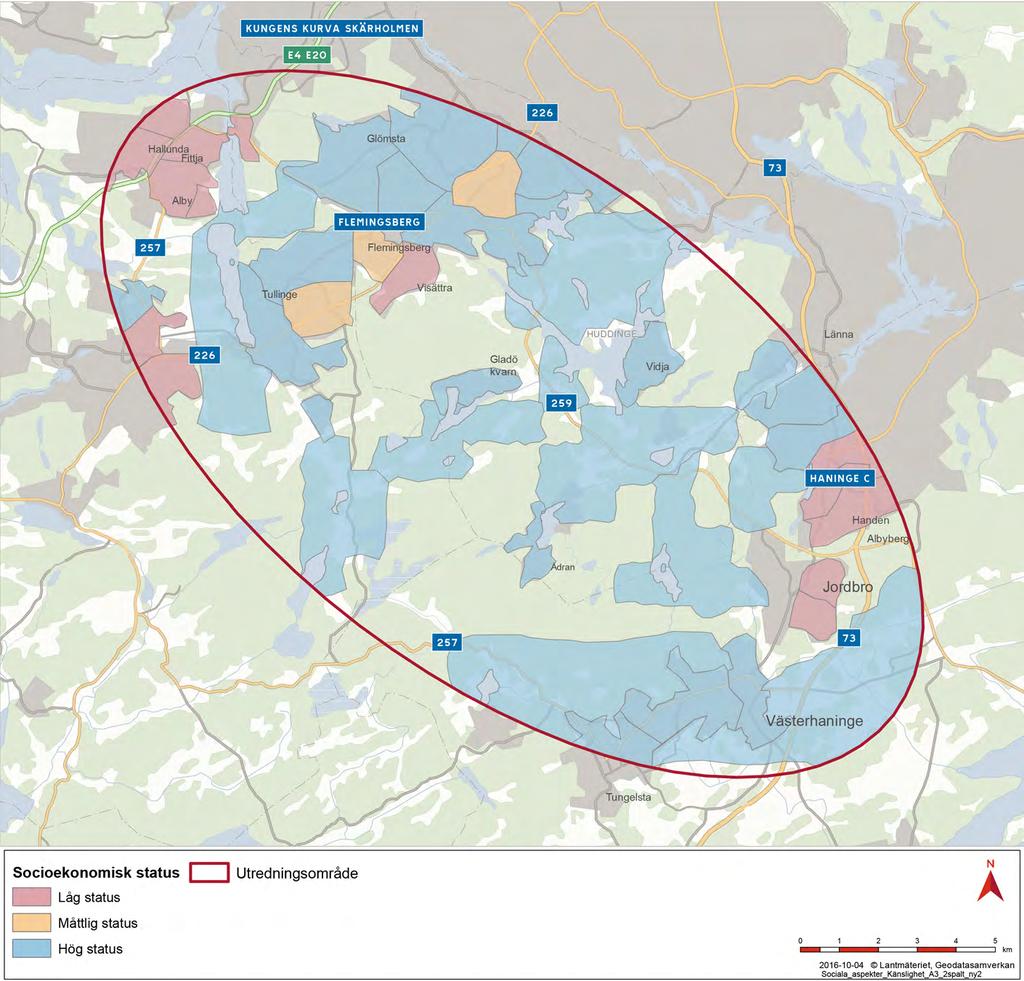 4.7.1 Låg socioekonomisk status Inom utredningsområdet har områden med låg socioekonomisk status överlag låga inkomstnivåer. Utbildningsnivån är medel till mycket låg och förvärvsgraden är låg.