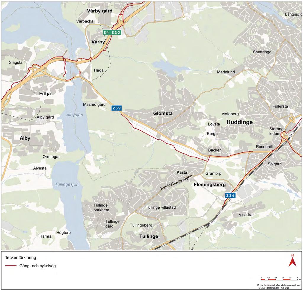 Sträckan mellan Myrstuguvägen genom Glömstadalen fram till väg 226 har låg standard med ett körfält per riktning och en hastighetsgräns på 60 eller 40 km/h, se figur 4.18.