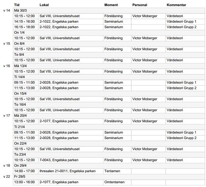 Värdeteori Lärare: Victor Moberger plus ett antal seminarieledare