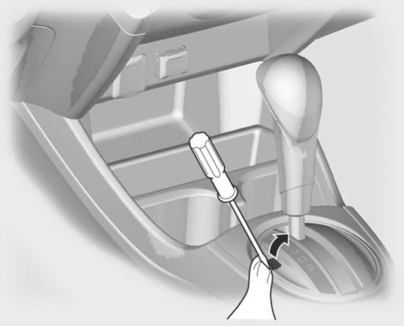 Automatisk växellåda Header1 (CVT) Växelspärrens frigöring Med den här metoden kan du flytta växelspaken från parkeringsläget om den normala metoden med att trycka ned bromspedalen och trycka på