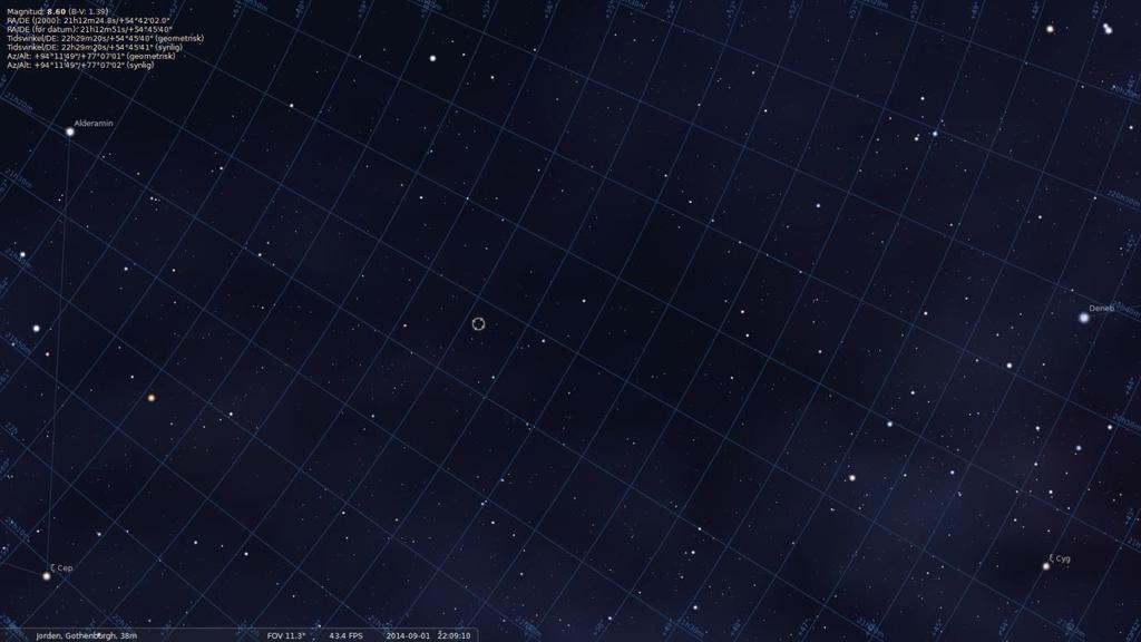 constellation. The coordinates was 21h 11 24 and +54 38 36 which showed up to be close to zenith position. 16 Closest bright star was α Cepheus (Alderamin).