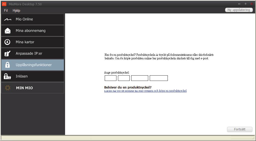Upplåsningsfunktioner MioMore Desktop Upplåsningsfunktioner Om du har köpt en kartupplåsningskod eller prenumeration till din Mio måste du ange aktiveringsnyckeln med hjälp av applikationen Lås upp