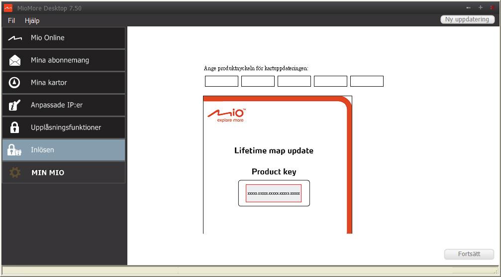Inlösen MioMore Desktop Inlösen För att lösa in Mios kartuppdatering på livstid måste du ange produktnyckeln via Inlösen-programvaran.