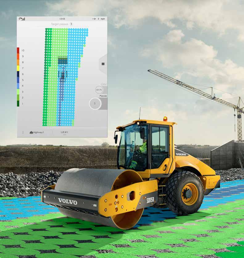 Compact Assist Compact Assist för jordkompaktering kan visa både en illustration av passeringarna och CMV (compaction meter value), ett beräknat jordfasthetsvärde.