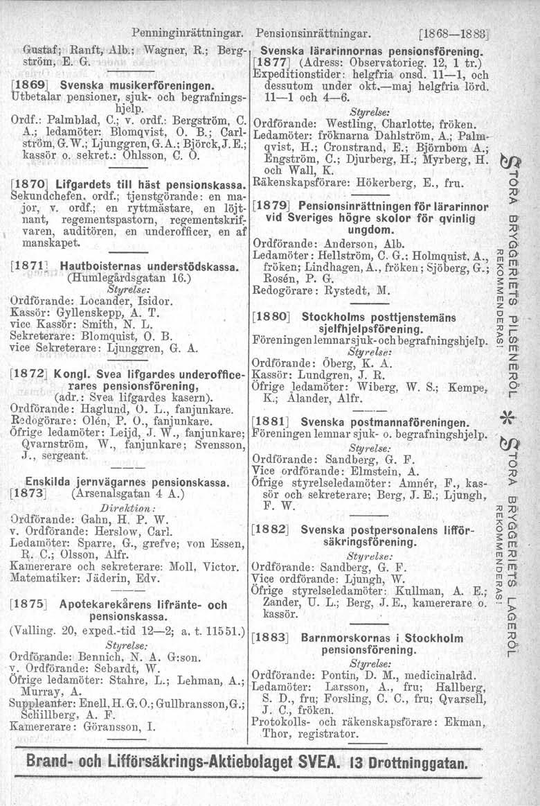 Penninginättninga. Pensionsinättninga. [1868-18 83J Gustaf; Ranft, Alb.; Wagne, R.; Beg- Svenska läainnonas pensionsföening. stöm, E. G. 1877J (Adess: bsevatoleg. 12, 1 t.).